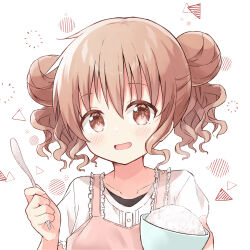 Rule 34 | 1girl, apron, bowl, brown eyes, commentary request, commission, double bun, frilled apron, frills, hair between eyes, hair bun, hidamari sketch, hiro (hidamari sketch), holding, holding bowl, holding spoon, light blush, light brown hair, looking at viewer, medium hair, open mouth, pink apron, pink shirt, pixiv commission, portrait, rice bowl, shirt, simple background, smile, solo, spoon, urushi (2634334), white background