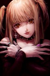Rule 34 | 1girl, amane misa, black background, black collar, black shirt, blonde hair, blunt bangs, brown eyes, collar, collarbone, commentary, death note, hands on own chest, hands up, highres, jewelry, looking at viewer, medium hair, misogu-san, nail polish, off shoulder, red nails, ring, shirt, skull ring, solo, spiked collar, spikes, two side up, upper body