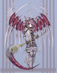 Rule 34 | 1girl, arm guards, armor, black gloves, gloves, grey background, hair between eyes, holding, holding weapon, horns, kuro (kuroi-nanika), looking at viewer, original, pink hair, polearm, red eyes, scythe, short hair, simple background, skull, solo, striped, striped background, tiara, weapon, wings