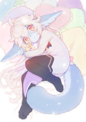Rule 34 | 1girl, ahoge, animal ears, black thighhighs, cat ears, cat girl, cat tail, female focus, furry, furry female, heart, heart-shaped pillow, highres, holding, holding stuffed toy, long hair, long sleeves, looking at viewer, lying, on bed, on side, original, parted lips, pillow, pink eyes, solo, stuffed toy, tail, thighhighs, white hair, yadayada