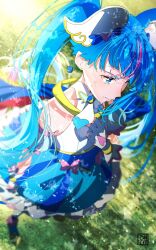 Rule 34 | 1girl, aoi tete, artist logo, blue cape, blue dress, blue eyes, blue hair, brooch, cape, closed mouth, commentary, cure sky, dappled sunlight, day, detached sleeves, dress, earrings, fingerless gloves, frilled dress, frills, frown, gloves, grass, hand on own chest, highres, hirogaru sky! precure, jewelry, long hair, looking to the side, magical girl, multicolored hair, outdoors, precure, puffy detached sleeves, puffy sleeves, sleeveless, sleeveless dress, solo, sora harewataru, standing, streaked hair, sunlight, sweat, twintails, two-tone dress, very long hair, white dress, white gloves, wind, wing brooch, wing hair ornament