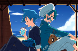 Rule 34 | 2boys, back-to-back, beldum, black pants, closed eyes, cloud, commentary request, creatures (company), cup, day, disposable cup, drinking straw, feebas, game freak, gen 3 pokemon, green eyes, green hair, hat, holding, ittumozzz, liquid, long sleeves, male focus, multiple boys, nintendo, on lap, open mouth, pants, pokemon, pokemon (creature), pokemon on lap, pokemon rse, sand, shirt, shore, sitting, sky, smile, steven stone, sweatdrop, wallace (pokemon), water