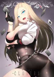 Rule 34 | 1girl, bad anatomy, blonde hair, blue eyes, blush, bodysuit, breast hold, breasts, bu li, card, chain, closers, cowboy shot, gloves, harpy (closers), large breasts, long hair, looking at viewer, looking down, open clothes, open mouth, shirt, solo, t-shirt, unbuttoned, unzipped, white background