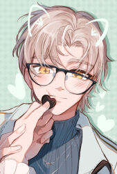 Rule 34 | 1boy, 1girl, chocolate, closed mouth, feeding, female pov, fingernails, food, glasses, grey sweater, hetero, highres, holding, holding food, jacket, looking at viewer, mole, mole under eye, pov, pov hands, remosea, rosa (tears of themis), short hair, solo focus, sweater, tears of themis, turtleneck, turtleneck sweater, upper body, vyn richter (tears of themis), white hair, white jacket, yellow eyes