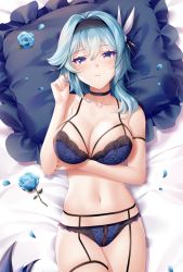 Rule 34 | 1girl, aqua hair, arm strap, bare arms, bare shoulders, bed sheet, black choker, blue bra, blue eyes, blue flower, blue panties, bra, breasts, choker, cleavage, collarbone, eula (genshin impact), flower, garter straps, genshin impact, hair ornament, hairband, hand up, large breasts, lingerie, lying, medium hair, navel, on back, on bed, panties, pillow, rimuu, rose, solo, spaghetti strap, stomach, string bra, thighs, underwear, underwear only