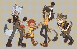 4boys animal_ears argyle_background brown_hair brown_shirt cheka_kingscholar child fang full_body funuyu green_eyes grey_background grey_hair hyena_boy hyena_ears hyena_tail jack_howl jacket leona_kingscholar lion_boy lion_ears lion_tail long_hair looking_at_viewer male_focus multiple_boys open_clothes open_jacket ruggie_bucchi running shirt short_hair sleeveless sleeveless_jacket standing stretching tail twisted_wonderland vest wolf_boy wolf_ears wolf_tail yellow_background yellow_vest