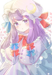 Rule 34 | 1girl, adapted costume, blue bow, bow, bright pupils, capelet, crescent, crescent hat ornament, dress, hair bow, hat, hat ornament, highres, long hair, looking at viewer, mob cap, one-hour drawing challenge, patchouli knowledge, pink dress, pink hat, purple eyes, purple hair, re re merry, red bow, solo, touhou, upper body, white background, white pupils
