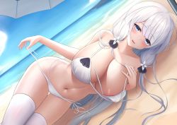 Rule 34 | 1girl, :d, absurdres, areola slip, azur lane, bare arms, bare shoulders, beach, beach umbrella, bikini, blue eyes, blue sky, blush, breasts, cleavage, collarbone, day, dutch angle, hand on own chest, highres, illustrious (azur lane), large breasts, long hair, looking at viewer, lying, multi-strapped bikini, navel, ocean, on ground, on side, open mouth, outdoors, parted lips, ribbon, shenqi (toid310), side-tie bikini bottom, sidelocks, sky, smile, solo, stomach, swimsuit, thigh gap, thighhighs, umbrella, untied bikini, very long hair, water, white bikini, white hair, white ribbon, white thighhighs