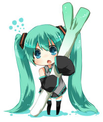 Rule 34 | 1girl, aqua eyes, bad id, bad pixiv id, chibi, detached sleeves, green hair, hatsune miku, long hair, nasuko, open mouth, oversized object, simple background, skirt, sleeves past wrists, solo, spring onion, thighhighs, twintails, very long hair, vocaloid, white background