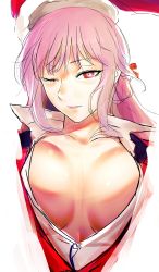 Rule 34 | 1girl, absurdres, breasts, closed mouth, fate/grand order, fate (series), florence nightingale (fate), hat, highres, i-pan, large breasts, long hair, looking at viewer, one eye closed, pink hair, plunging neckline, popped collar, red eyes, red hat, santa hat, shirt, simple background, solo, upper body, white background, white shirt