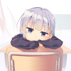Rule 34 | 1girl, aharen-san wa hakarenai, aharen reina, bad id, bad pixiv id, black sweater, blue eyes, blush, chair, classroom, coffeiz p, commentary, curtains, desk, grey hair, long hair, long sleeves, looking at viewer, school desk, solo, sweater, symbol-only commentary