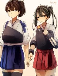 Rule 34 | 2girls, black legwear, blue hakama, bow, brown eyes, brown hair, closed mouth, genyaky, gradient background, grey hair, hair bow, hakama, hakama skirt, hand up, japanese clothes, kaga (kancolle), kantai collection, multiple girls, muneate, one-hour drawing challenge, one side up, red hakama, short hair, skirt, standing, thighhighs, twintails, twitter username, white background, white bow, wristband, zuikaku (kancolle)