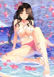 Rule 34 | 1girl, arm support, bare shoulders, bikini, black hair, blue sky, blush, bracelet, braid, breasts, chest tattoo, cloud, collarbone, commentary request, day, facial mark, fate/grand order, fate (series), flower, flower on liquid, forehead mark, full body, hair flower, hair ornament, highres, jewelry, knee up, large breasts, long hair, looking at viewer, midriff, mismatched bikini, multicolored hair, navel, necklace, ocean, parted bangs, parted lips, pearl bracelet, pearl necklace, petals, pink bikini, pink hair, pink sarong, sandals, seashell, sessyoin kiara, sessyoin kiara (swimsuit mooncancer), sessyoin kiara (swimsuit mooncancer) (first ascension), shell, shell necklace, sidelocks, sitting, skindentation, sky, smile, solo, sparkle, streaked hair, swimsuit, takurowo, tattoo, twin braids, underboob, very long hair, wavy hair, wet, white bikini, yellow eyes