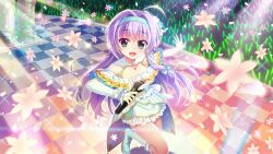 Rule 34 | 1girl, ahoge, bare shoulders, blue bow, blue hairband, blue stripes, boots, bow, coattails, colored lights, concert, dot nose, dress, elbow gloves, film grain, flower, frilled dress, frilled skirt, frills, from above, game cg, glint, gloves, glowstick, green eyes, hair bow, hair intakes, hairband, high heel boots, high heels, hokaze kanade, holding, holding microphone, idol, idol clothes, ivy, izumi tsubasu, lily (flower), long hair, microphone, miniskirt, non-web source, off-shoulder dress, off shoulder, official art, open mouth, pillar, purple hair, re:stage!, short dress, skirt, smile, solo, sparkle, stage, stage lights, standing, standing on one leg, striped, thighs, tile floor, tiles, vertical stripes, very long hair, white bow, white dress, white footwear, white gloves, white skirt