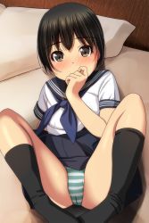 Rule 34 | 1girl, absurdres, bed, black hair, black sailor collar, black skirt, black socks, blue neckerchief, blush, brown eyes, covered mouth, hand up, highres, kneehighs, knees up, looking at viewer, lying, matsunaga kouyou, neckerchief, no shoes, nose blush, on back, on bed, original, panties, pillow, pleated skirt, sailor collar, shirt, short sleeves, skirt, socks, solo, spread legs, striped clothes, striped panties, underwear, white shirt