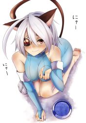 Rule 34 | 1girl, ahoge, all fours, animal ears, arc system works, bare shoulders, barefoot, blazblue, blush, bodysuit, braid, breasts, bridal gauntlets, cat ears, cat tail, eyepatch, hanging breasts, highres, large breasts, long hair, looking at viewer, nail polish, nu-13, paw pose, red eyes, silver hair, single braid, smile, snm (sunimi), solo, tail, very long hair