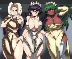 Rule 34 | absurdres, aged down, amelia medici, bad tag, black hair, blonde hair, blue eyes, breasts, captain kirb, cleavage, dark-skinned female, dark skin, dress, earrings, evening gown, female focus, filia (skullgirls), fukua (skullgirls), green eyes, green hair, highres, jewelry, large breasts, long hair, looking at viewer, multiple girls, multiple persona, necklace, red eyes, skullgirls, tagme, thick thighs, thighhighs, thighs