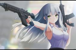Rule 34 | 1girl, armpits, assault rifle, blue hair, blue shirt, breasts, girls&#039; frontline, green eyes, gun, h&amp;k hk416, highres, hk416 (girls&#039; frontline), keenh, long hair, looking at viewer, medium breasts, rifle, shirt, simple background, solo, weapon, white shirt