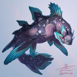 Rule 34 | aqua eyes, coelacanth, fins, fish, from side, full body, grey background, head fins, highres, looking at viewer, monster, no humans, original, signature, simple background, solo, twitter username, yamamura le