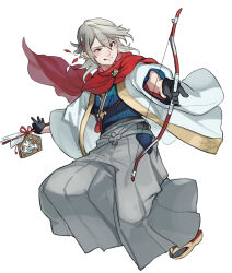Rule 34 | 1boy, arrow (projectile), black socks, bow (weapon), character print, commentary, corrin (fire emblem), corrin (male) (fire emblem), corrin (male) (new year) (fire emblem), english commentary, fire emblem, fire emblem fates, fire emblem heroes, full body, grey hair, grey hakama, hair between eyes, hakama, highres, holding, holding arrow, holding bow (weapon), holding weapon, japanese clothes, kimono, lilith (fire emblem), looking away, male focus, misokatsuhaumai, nintendo, official alternate costume, open clothes, open kimono, pointy ears, red eyes, red scarf, sandals, scarf, short hair, simple background, socks, solo, tongue, tongue out, weapon, white background, wide sleeves, zouri