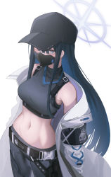 Rule 34 | 1girl, absurdres, armband, bare shoulders, baseball cap, belt, black belt, black hat, black pants, black shirt, blue archive, blue eyes, blue hair, blunt bangs, breasts, coat, commentary, cowboy shot, crop top, hair between eyes, hat, highres, large breasts, long hair, long sleeves, looking at viewer, mask, midriff, mouth mask, navel, off shoulder, open clothes, open coat, pants, saori (blue archive), shirt, sidelocks, simple background, sleeveless, sleeveless shirt, solo, standing, stomach, very long hair, white background, white coat, yako mashiro