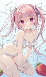 Rule 34 | 1girl, arms behind back, bare legs, bikini, blurry, blush, breasts, bubble, cleavage, closed mouth, collarbone, commentary, depth of field, food, fruit, gradient background, hair between eyes, hair ornament, hair ribbon, highres, long hair, looking at viewer, miyasaka miyu, navel, original, pink eyes, pink hair, pout, ribbon, small breasts, solo, strawberry, swimsuit, symbol-only commentary, thighs, underwear, white bikini