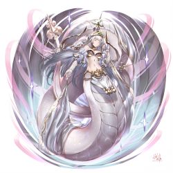 Rule 34 | 1girl, absurdres, breasts, echidna (granblue fantasy), elbow gloves, closed eyes, gloves, granblue fantasy, highres, huge filesize, kawarage, lamia, large breasts, long hair, monster girl, navel, pelvic curtain, scales, solo, veil, white hair