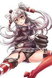Rule 34 | 10s, 1girl, amatsukaze (kancolle), ascot, black dress, black panties, dress, gloves, grey hair, hair tubes, hairband, kantai collection, long hair, machinery, panties, red thighhighs, simple background, solo, striped clothes, striped thighhighs, sumapan, thighhighs, twintails, two side up, underwear, white background, white gloves, yellow eyes