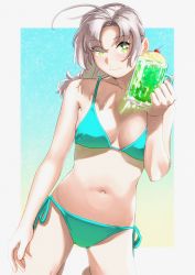 Rule 34 | 1girl, antenna hair, bikini, braid, breasts, cherry, cleavage, collarbone, commentary, cream soda, cup, food, fruit, glass, green eyes, grey hair, highres, holding, holding cup, kantai collection, kinugasa (kancolle), kinugasa kai ni (kancolle), kneeling, looking at viewer, medium breasts, medium hair, navel, ojipon, side-tie bikini bottom, single braid, solo, swimsuit, symbol-only commentary