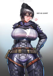 Rule 34 | 1girl, anger vein, animification, annoyed, apex legends, badcompzero, belt, black hair, blue eyes, bodysuit, breasts, commentary, curvy, double bun, english commentary, english text, hair bun, hand on own hip, highres, large breasts, long hair, looking at viewer, parted lips, scarf, solo, thick thighs, thighs, wide hips, wraith (apex legends)