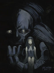 Rule 34 | 00s, 1girl, claymore (series), dauf, dress, glowing, glowing eyes, in palm, lowres, monster, riful, sitting, size difference, staring, watermark, yellow eyes