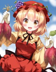 Rule 34 | 1girl, :d, aki minoriko, apron, black ribbon, blonde hair, blush, bow, bowtie, commentary, cowboy shot, dress, food, frilled apron, frilled dress, frills, fruit, fruit hat ornament, gloves, grape hat ornament, grapes, hat, highres, holding, leaf, long sleeves, looking at viewer, mob cap, neck ribbon, open mouth, puffy long sleeves, puffy sleeves, red apron, red hat, ribbon, ruu (tksymkw), shirt, short hair, skirt, smile, solo, sweet potato, touhou, white gloves, wide sleeves, yellow shirt