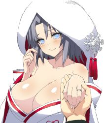 Rule 34 | 10s, 1boy, 1girl, bare shoulders, blue eyes, blush, breasts, cleavage, colorfag, crying, dress, grey hair, happy, holding hands, huge breasts, japanese clothes, jewelry, large breasts, looking at viewer, pov, pov hands, ring, senran kagura, shiny skin, smile, tears, wedding band, wedding dress, yumi (senran kagura)