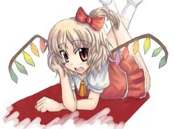 Rule 34 | 1girl, arm support, ascot, blonde hair, blush, bow, eyebrows, fang, female focus, flandre scarlet, hair bow, head rest, legs up, looking at viewer, lying, on stomach, one side up, open mouth, puffy short sleeves, puffy sleeves, red bow, red eyes, red skirt, short sleeves, side ponytail, skirt, socks, solo, tora (torayarou), touhou, white socks, wings