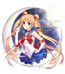 Rule 34 | 10s, 1girl, bishoujo senshi sailor moon, bishoujo senshi sailor moon crystal, blonde hair, blue eyes, blue sailor collar, blue skirt, bow, brooch, character name, choker, crescent moon, double bun, earrings, elbow gloves, gloves, hair ornament, hairpin, hand on own hip, index finger raised, jewelry, long hair, magical girl, metto, moon, pleated skirt, red bow, ribbon, sailor collar, sailor moon, signature, skirt, smile, solo, tiara, tsukino usagi, twintails, very long hair, white gloves