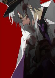 Rule 34 | 1boy, black gloves, blood, blood on clothes, blood on face, coat, gloves, grey hair, hat, highres, long sleeves, mahoutsukai no yakusoku, male focus, necktie, owen (mahoutsukai no yakusoku), parted lips, purple necktie, red background, sakuraihum, simple background, solo, white coat, yellow eyes