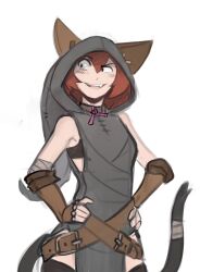 Rule 34 | animal ears, animal hood, arbuz budesh, bandage on tail, blush, boots, brown eyes, brown hair, cannon, cat ears, cat girl, cat hood, cat tail, fur collar, gloves, hood, jacket, knee boots, leather, leather boots, leather gloves, leather jacket, nathy, short hair, small fangs, tail, waist belt, witch hood