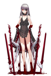 Rule 34 | 1girl, barefoot, black bow, black choker, black dress, blood, blood on clothes, blood on feet, blood on hands, bloody tears, bow, choker, clothes lift, colored skin, covered navel, dress, dress lift, dripping, eden&#039;s ritter grenze, extra arms, eyepatch, fingernails, flat chest, frilled choker, frilled dress, frills, full body, grey background, grey hair, grin, hemokinesis, highres, holding, holding sword, holding weapon, jacket, kageshio (276006), long hair, looking at viewer, nail polish, off shoulder, one eye covered, red eyes, red nails, reverse grip, see-through, sharp teeth, simple background, smile, solo, standing, sword, teeth, weapon, white skin