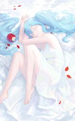 Rule 34 | absurdres, apple, barefoot, blue hair, cho gum, closed eyes, closed mouth, dress, food, fruit, hatsune miku, highres, long hair, petals, rose petals, sleeping, toes, twintails, vocaloid, white dress