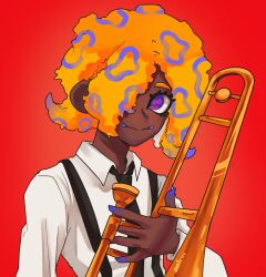 1girl absurdres black_necktie black_suspenders collared_shirt dark-skinned_female dark_skin highres kamumbo long_sleeves necktie nintendo orange_hair patterned_hair red_background shadow shirt simple_background solo splatoon_(series) splatoon_3 tao_blu tentacle_hair white_shirt