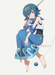 Rule 34 | 1girl, barefoot, bell-bottoms, blue eyes, blue hair, blue pants, blue sailor collar, blush, bright pupils, capri pants, closed mouth, commentary request, creatures (company), dive ball, fishing rod, game freak, gen 7 pokemon, hairband, highres, holding, holding fishing rod, lana (pokemon), looking at viewer, nintendo, no sclera, okken, one-piece swimsuit, pants, poke ball, pokemon, pokemon sm, popplio, sailor collar, shirt, short hair, sleeveless, sleeveless shirt, smile, swimsuit, swimsuit under clothes, toes, wave print, white background, white pupils, white shirt, yellow hairband