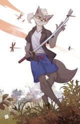 Rule 34 | 1boy, :3, animal ears, artist name, black jacket, blue shorts, bug, bush, commission, day, dragonfly, fox ears, fox tail, full body, furry, furry male, grass, grey hair, grin, hair tie, hand up, happy, head tilt, highres, holding, holding sword, holding weapon, insect, jacket, katana, lin mzhh, male focus, orange eyes, original, outdoors, ponytail, scar, scar across eye, scar on face, shirt, short hair, short sleeves, shorts, signature, smile, solo, standing, sword, tail, teeth, tree, weapon, white shirt