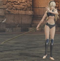 Rule 34 | 1girl, 3d, armor, armpits, bare shoulders, barefoot, bra, breasts, broken armor, building, cleavage, collarbone, corrin (female) (fire emblem), corrin (fire emblem), feet, female focus, fighting pose, fingernails, fire emblem, fire emblem fates, fire emblem warriors, hair ornament, hairband, holding, holding sword, holding weapon, legs, long hair, medium breasts, midriff, multicolored underwear, navel, neck, nintendo, official alternate costume, official underwear, outdoors, pale skin, panties, pointy ears, red eyes, serious, silver hair, solo, standing, sword, thighs, tiptoes, toenails, toes, underwear, underwear only, weapon
