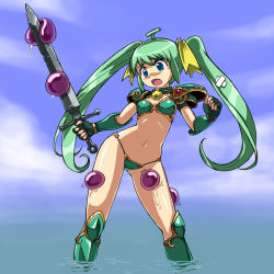 Rule 34 | 1girl, armor, bad id, bad pixiv id, bikini, bikini armor, blue eyes, bow, d:, green hair, melon-chan, melonbooks, navel, open mouth, pauldrons, rohitsuka, shoulder armor, shoulder pads, slime (creature), solo, swimsuit, sword, tears, twintails, wading, water, weapon, wet, yellow bow