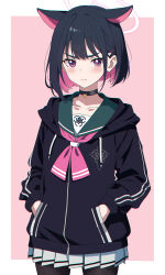 Rule 34 | 1girl, absurdres, akagi koku, animal ears, black choker, black hair, black jacket, black pantyhose, blue archive, blush, cat ears, choker, closed mouth, colored inner hair, cowboy shot, green sailor collar, halo, hands in pocket, highres, hood, hooded jacket, jacket, kazusa (blue archive), long sleeves, looking at viewer, multicolored hair, pantyhose, pink hair, pink halo, pleated skirt, red eyes, revision, sailor collar, short hair, skirt, solo, white skirt