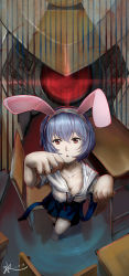 Rule 34 | 1girl, absurdres, animal ears, animal hands, ayanami rei, blue hair, breasts, cat paws, cleavage, covered erect nipples, eva 00, highres, neon genesis evangelion, paw pose, pawing, rabbit ears, red eyes, school uniform, see-through, shuizhanglang, signature, solo, water