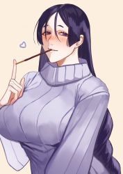 Rule 34 | 1girl, absurdres, ayuyaki, breasts, fate/grand order, fate (series), food, heart, heart-shaped pupils, highres, large breasts, lips, long hair, minamoto no raikou (fate), parted bangs, pocky, pocky day, purple eyes, purple hair, smile, solo, sweater, symbol-shaped pupils, teeth, upper teeth only, very long hair