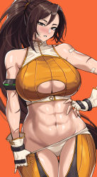 Rule 34 | 1girl, abs, absurdres, armlet, bandaid, bandaid on cheek, bandaid on face, blush, breasts, brown eyes, brown hair, dnf duel, dungeon and fighter, fighter (dungeon and fighter), framed breasts, gloves, hairband, hella p, highres, large breasts, long hair, muscular, muscular female, panties, pants, panty pull, ponytail, scar, scar on arm, solo, striker (dungeon and fighter), thick thighs, thighs, tight clothes, tight pants, underwear