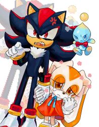 Rule 34 | 1boy, 1girl, anger vein, blue eyes, chao (sonic), commentary, cream the rabbit, crying, english commentary, floating, furry, furry male, glaring, height difference, highres, holding hands, n jiujiu99, orange eyes, pixelated, pointing, rabbit, red eyes, shadow the hedgehog, simple background, sonic (series), white background