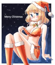 Rule 34 | 1girl, alice margatroid, arm support, arnest, blonde hair, blue eyes, blush, bra, bra pull, breasts, christmas, cleavage, clothes pull, female focus, hat, midriff, off shoulder, santa costume, solo, strap slip, touhou, underwear